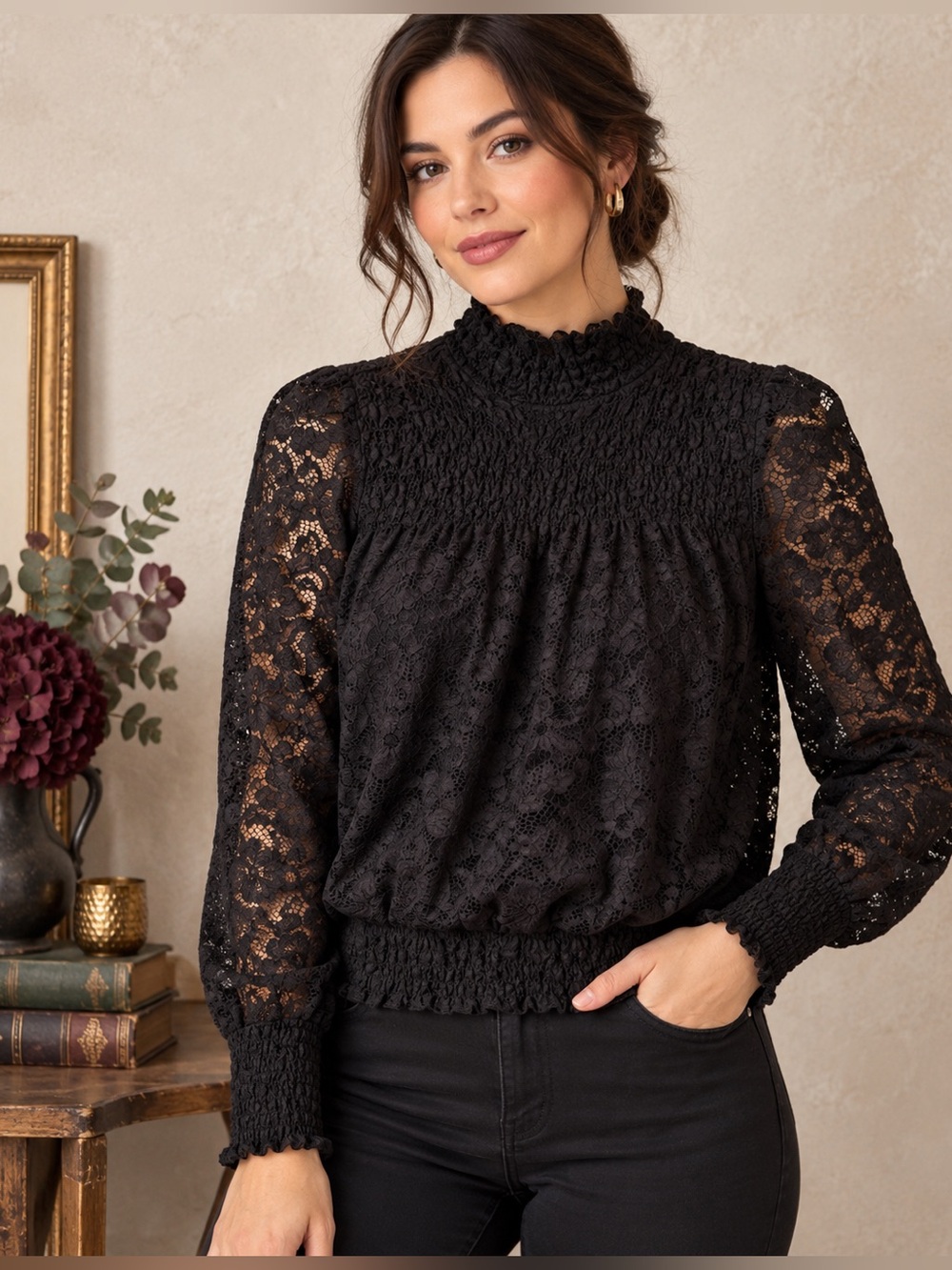 Black Lace Smocked Mock Neck Blouse Sheer Sleeve Dark Prairie Romantic S